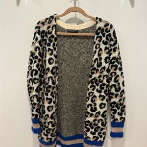 Central Park West Leopard Print Cardigan with Blue Accents